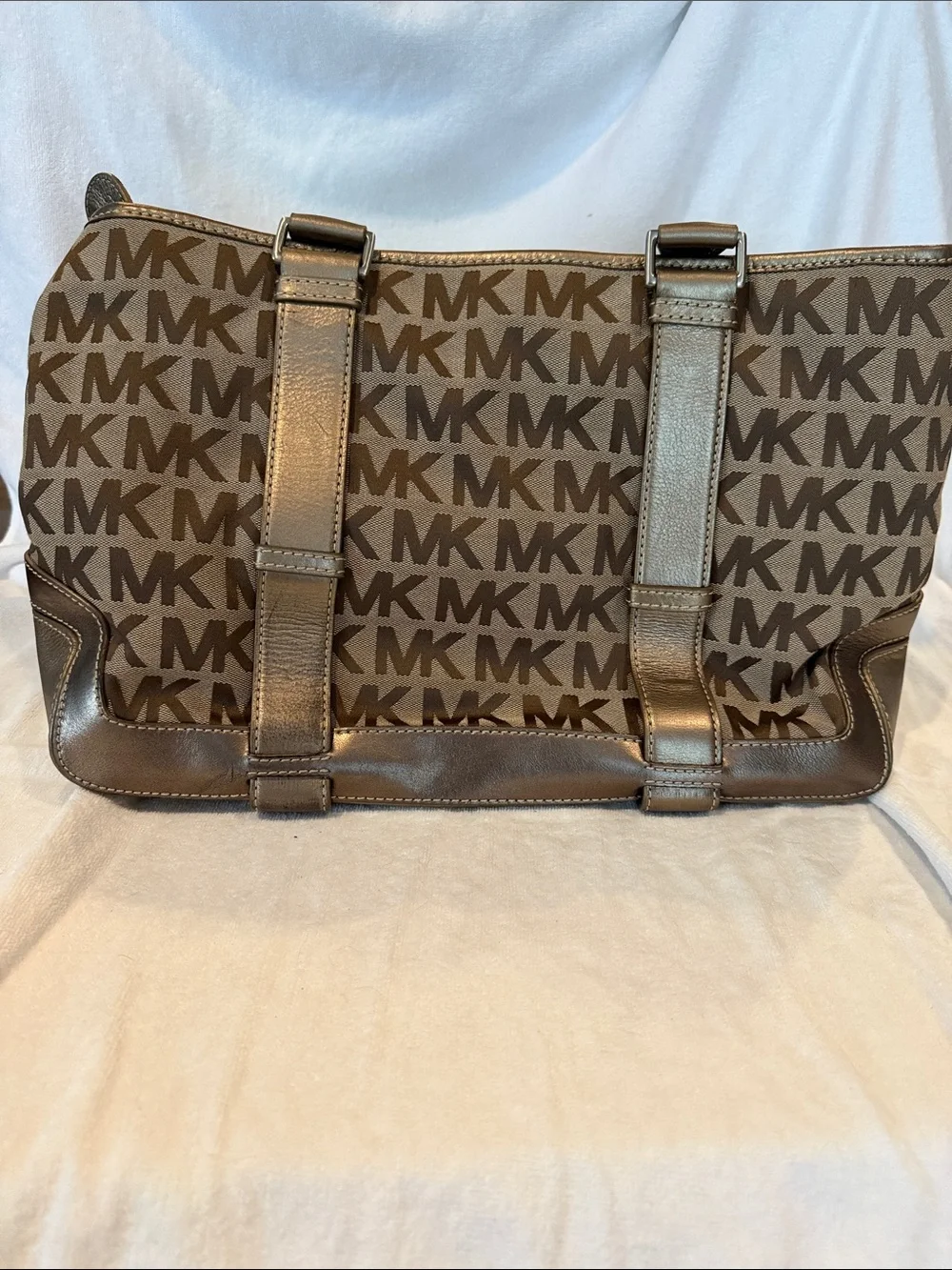 Michael Kors MK Logo Tan  Tote with Metallic Gold Trim